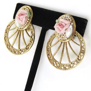 Vintage 1928 Earrings Clip On Victorian Revival Floral Pearl Romantic